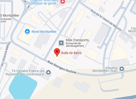 Map showing Bulle de Bains location in Montpellier near Rexel, Max Transports, Rue Georges Onslow & Av Etienne Mehul.