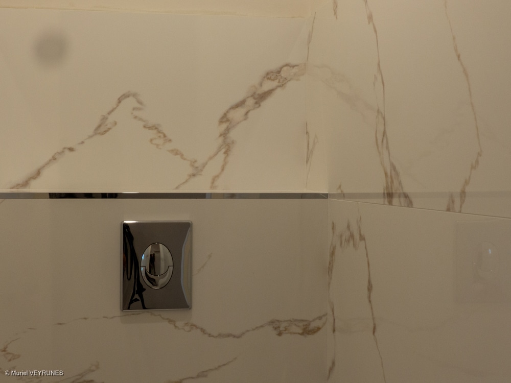 Plaque de déclenchement de chasse d'eau chromée encastrée sur carrelage mural imitation marbre blanc veiné de brun. Texte : © Muriel VEYRUNES.